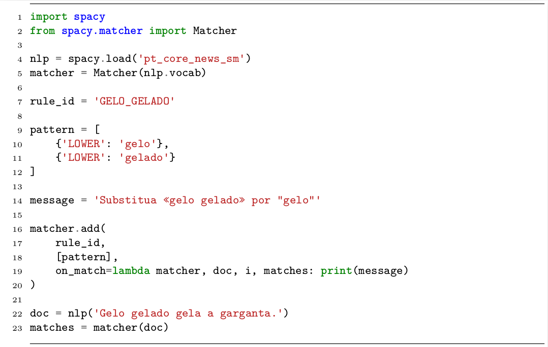 Script Python que cadastra a regra de redundância 'gelo gelado' e a aplica a um texto, demonstrando uso da biblioteca spaCy.