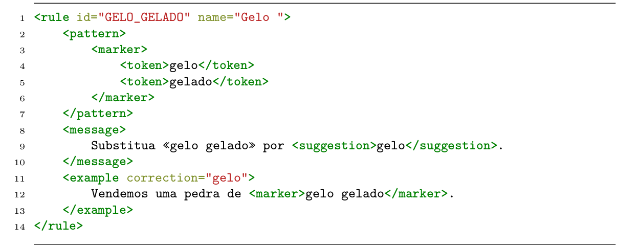 Código XML para regra de redundância 'gelo gelado', como definida no LanguageTool.